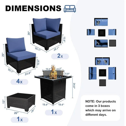 8-Piece Outdoor Patio Furniture Set with Fire Pit Table 28' Wicker Sectional Sofa Conversation Set with Cushions for Garden