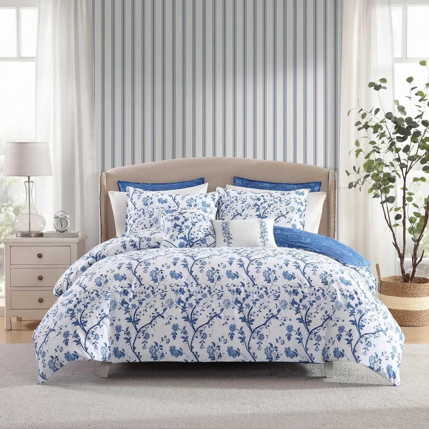 Reversible King Comforter Set with Cotton Bedding, Includes Shams, Euro Shams & Throw Pillows in Elise Blue