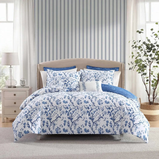 Reversible King Comforter Set with Cotton Bedding, Includes Shams, Euro Shams & Throw Pillows in Elise Blue