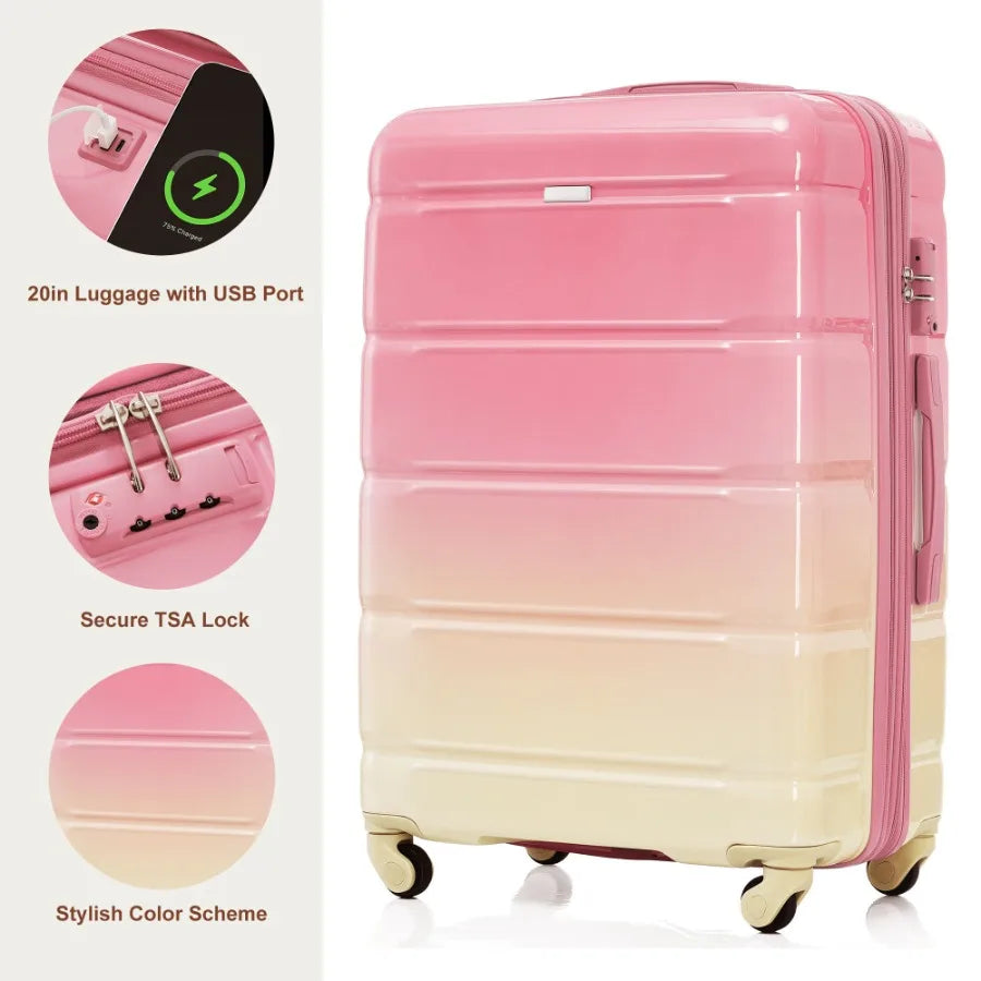 Luggage Set of 3, 20-inch with USB Port, Airline Certified Carry-on Luggage, ABS+PC Hard Shell Luggage with Spinner Wheels, pin
