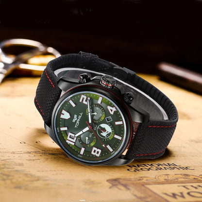 TOPHILL Men’s Solar Chronograph Watch Military Style 43mm VS75 Movement Sapphire Crystal 100M Waterproof Wristwatch