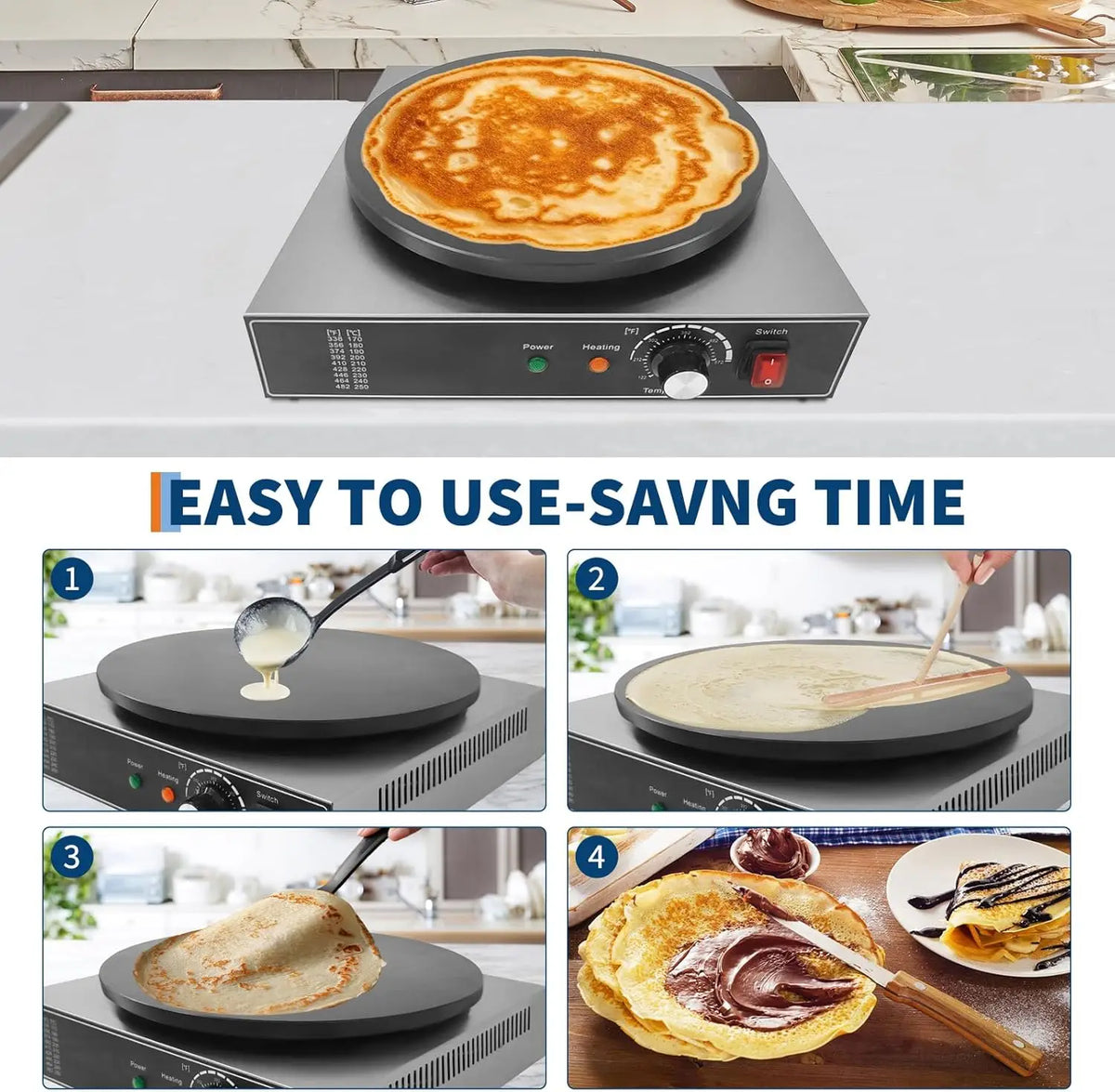 Hotplate Commercial Crepe Maker, 1700W Non-Stick Electric Crepe Maker with 122-572℉ Adjustable Temperature, Stainless Steel Pancake Machine for Home Restaurant Street Snack