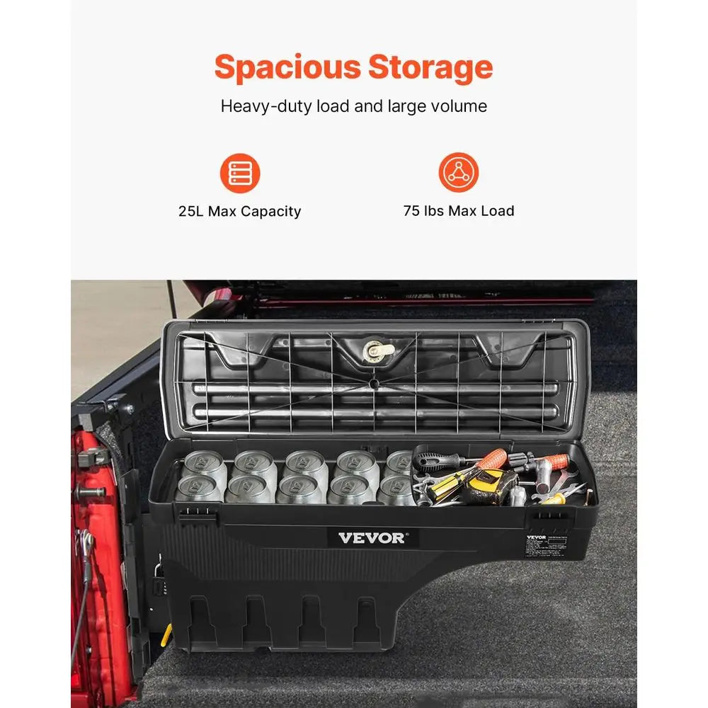 Bed Storage Box, Lockable Swing Case with Password Padlock, 6.6 Gal/25 L ABS Wheel Well Tool Box, Waterproof and Durable, Compat