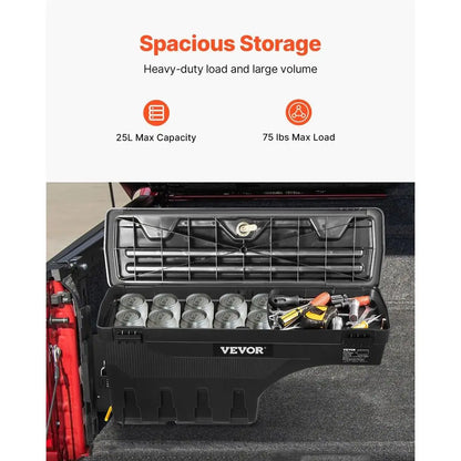 Bed Storage Box, Lockable Swing Case with Password Padlock, 6.6 Gal/25 L ABS Wheel Well Tool Box, Waterproof and Durable, Compat