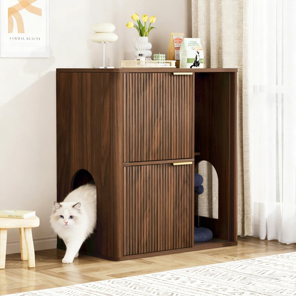 Walnut Cat Litter Cabinet Cat Tree - Grooved Concealed Litter Featuring Dual Cat Doors and Storage Shelves,Versatile Pet Cabinet