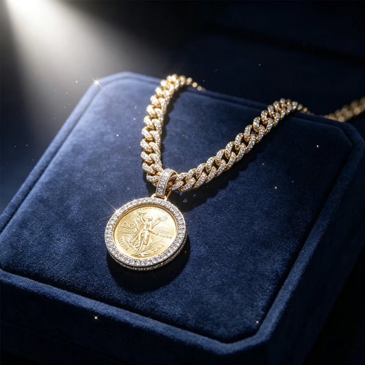 18K Gold Plated Bling Coin Charms Jewelry Fine Jewelry Gifts for Men Boy Friends Icy Cuban Link Vintage Mexican Coin Streetwear Accessory Iced Out 50 Pesos Angel Coin Pendant Hip Hop CZ Medal Charm Zircon Border Liberty Angel