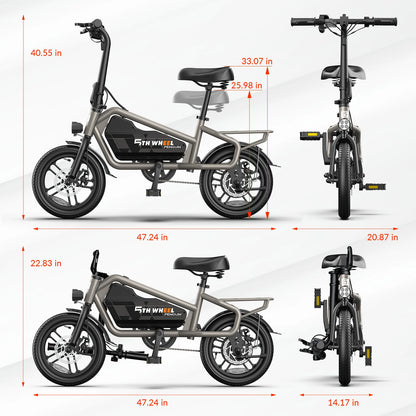 5TH WHEEL Foldable Electric Bike, 650W Peak Motor, 20MPH & 25Miles, 14" Pneumatic Tires for Commuting, Dual Disc Brakes