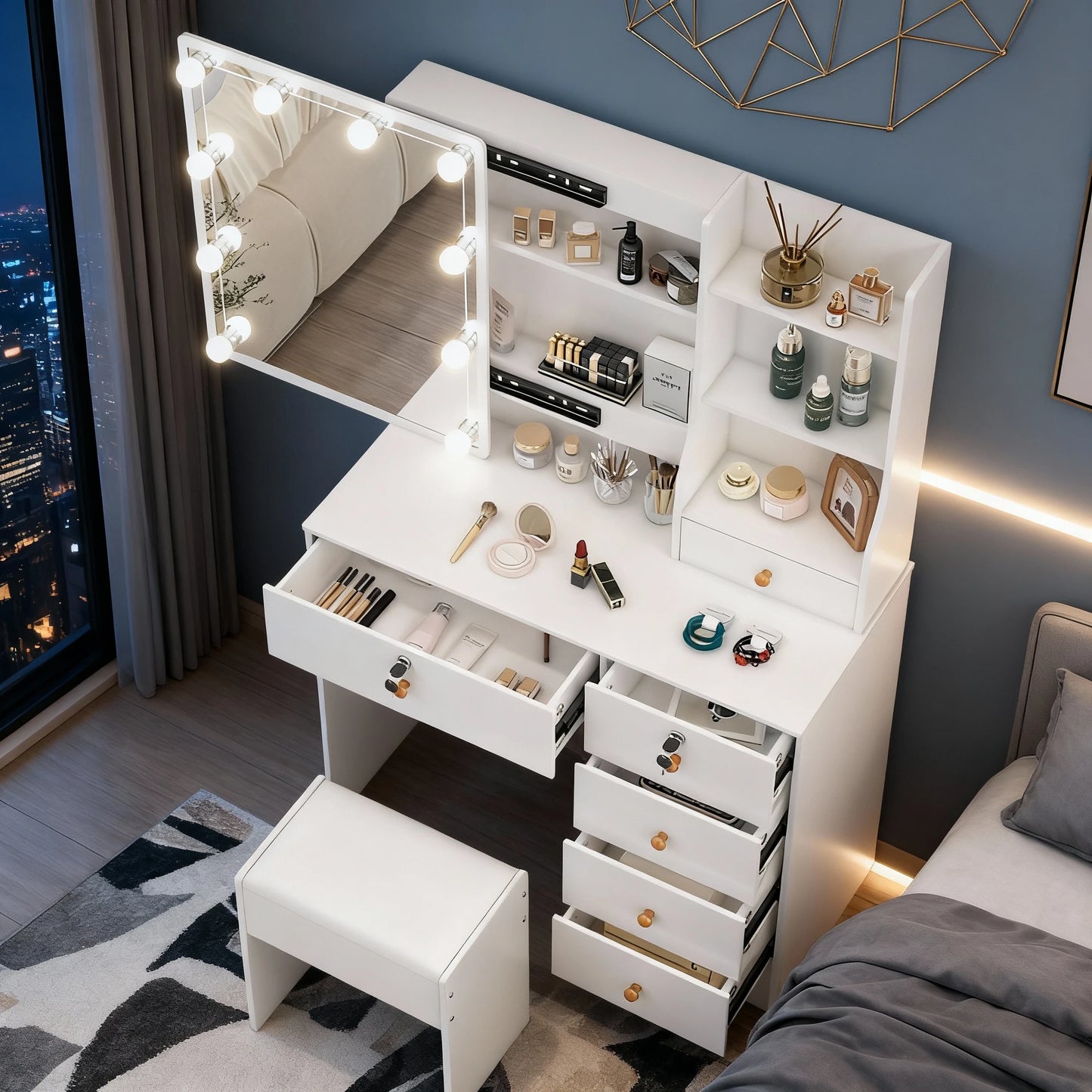 Dressing Table with LED Mirror Bedroom White Makeup Desk Vanity Table Stool Set