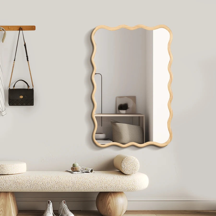 Solid Wood Wavy Rectangle Mirror-Natural-Wood 40" x 28" Modern Mirror Wall Decor for Bathroom Bedroom Living Room Dining Room C