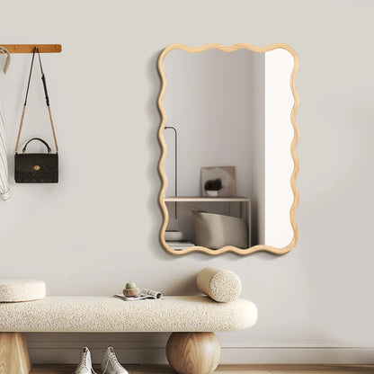 Solid Wood Wavy Rectangle Mirror-Natural-Wood 40" x 28" Modern Mirror Wall Decor for Bathroom Bedroom Living Room Dining Room C