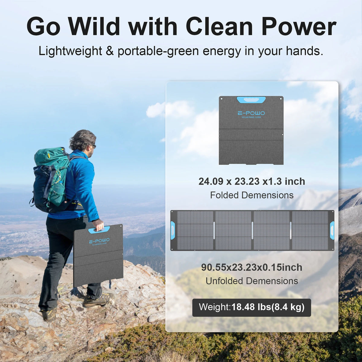 E-POWO Portable Solar Panel 220W ETFE Foldable Solar Charger for Power Station Camping RV Hurricane Phones Full Kit Military-Grade Quality