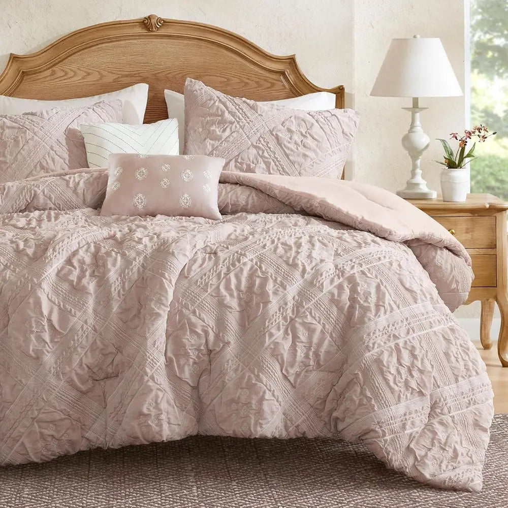 5-Piece Queen Size Comforter Set, Puy Seersucker Textured Grid Boho Bedding, Dusty Pink Plaid Comforter with 2 Shams & 2 Decorat