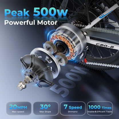 【1 Year Warranty】 Varun C20-2 Adult Electric Bike, 500W Peak Power, 36V 7.8Ah Battery, 20" Tire City E-bike, 20MPH, Ebike UL2849