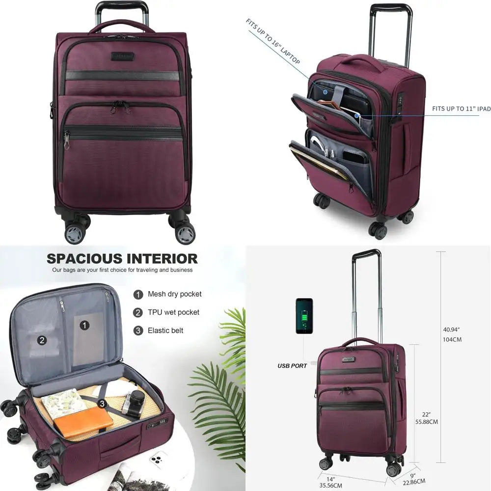 Expandable Softside Spinner Luggage with USB Port, TSA Lock, and Durable Rolling Suitcase for Travel
