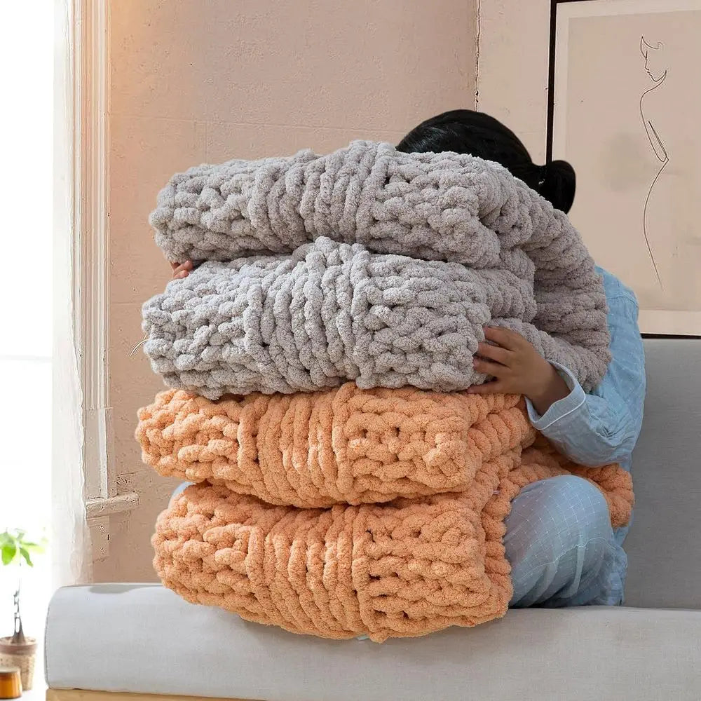 Chunky Knit Blanket Throw - 100% Hand Knitted Thick and Warm Throw or Winter, Linen, 50x60 Inches, Crochet