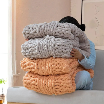 Chunky Knit Blanket Throw - 100% Hand Knitted Thick and Warm Throw or Winter, Linen, 50x60 Inches, Crochet