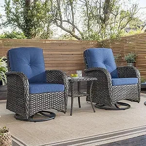 Outdoor Swivel Chairs,3 Pieces Patio Furniture Set with 360 Degree Wicker Swivel Rocking Chairs and Side Table for Garden,Porch