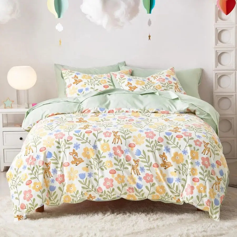 Floral Bedding Set for Girls, Cute Colorful Botanical Flowers Deers Patterned Soft Lightweight Comforter Set with Sheets, 5 Piec