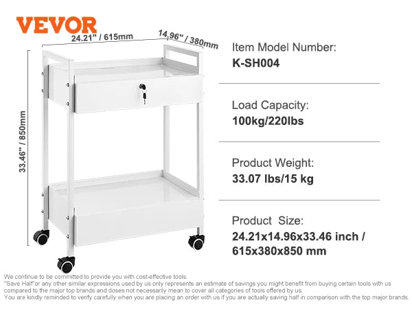 VEVOR Lab Trolley 3-Layer Rolling Cart Metal Mobile Trolley  220 lbs Weight Capacity for Lab Clinic Beauty and Salon