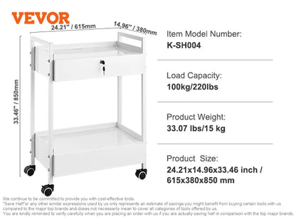 VEVOR Lab Trolley 3-Layer Rolling Cart Metal Mobile Trolley  220 lbs Weight Capacity for Lab Clinic Beauty and Salon
