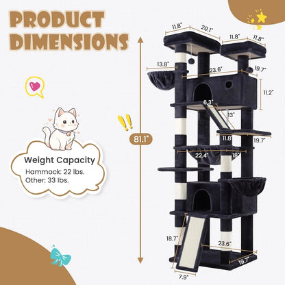 81-Inch Multi-Level Cat Tree Tower with Hammock, Scratching Posts, and Wide Base for Indoor Cats - Dark Grey