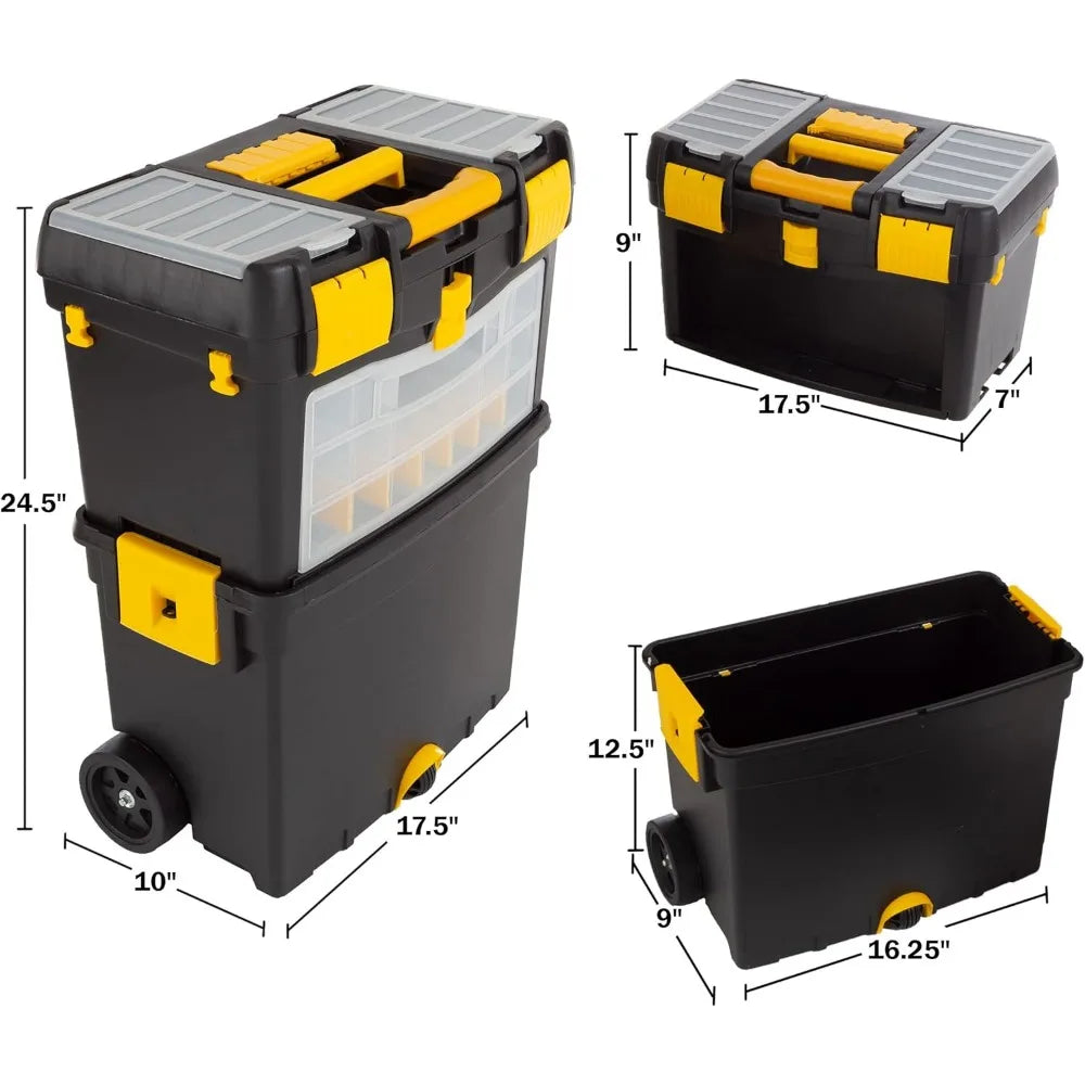 Foldable Rolling Tool Box with Wheels, Removable Top, and Multiple Compartments for Easy Tool Storage