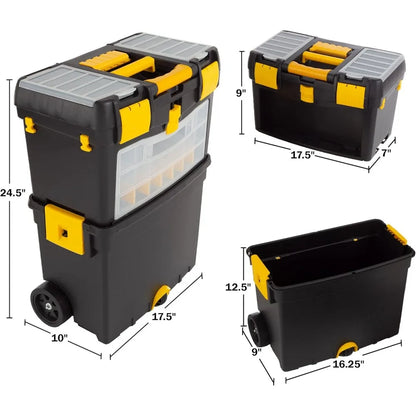 Foldable Rolling Tool Box with Wheels, Removable Top, and Multiple Compartments for Easy Tool Storage