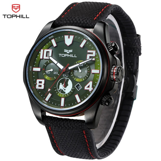 TOPHILL Men’s Solar Chronograph Watch Military Style 43mm VS75 Movement Sapphire Crystal 100M Waterproof Wristwatch