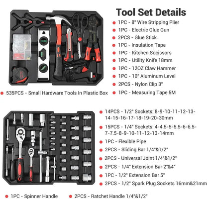 Piece Tool Kit with Rolling Tool Box, Socket Wrench Hand Tool Set Mechanic Case Trolley Portable House Repair Kit Set