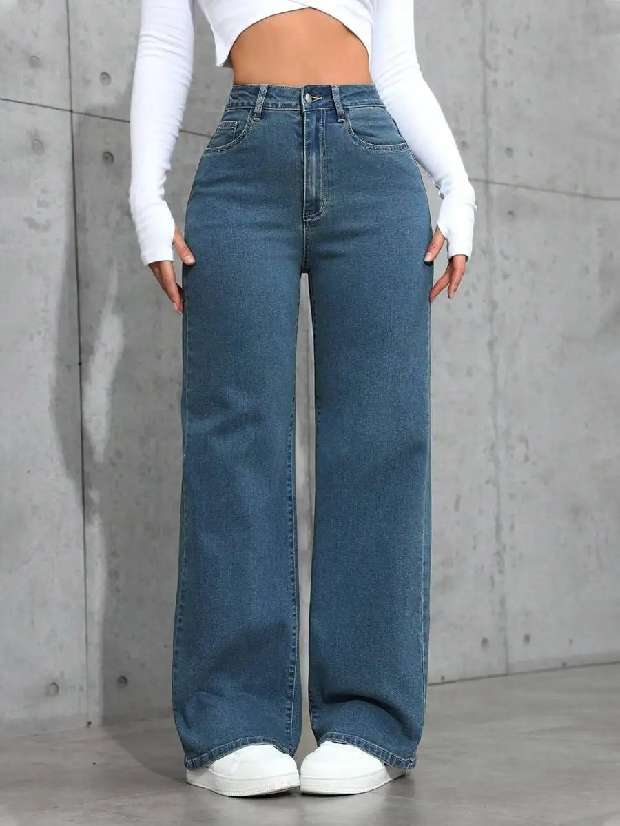 High Waist Wide Leg Washed Denim Jeans for Women - Casual Streetwear Style