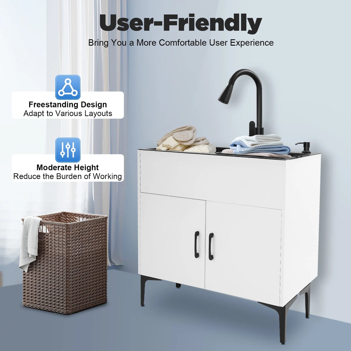 Pull Out Faucet Kitchen Sink, 30" Freestanding Stainless Steel Double Basin with Cabinet, Soap Dispenser & Drain Basket, for Ho