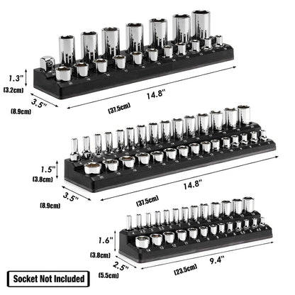 75 Slots Magnetic Socket Organizer Tray Set 3Pcs 1/4" 3/8" & 1/2" Inch Drive Metric Socket Holder Storage Organiser Black Color