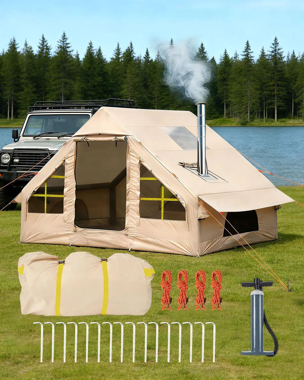 Inflatable Camping Tent with Manual Pump for 1-5 People, Luxury Oxford Tent with Double Door Windows for Easy Set-up Four Se