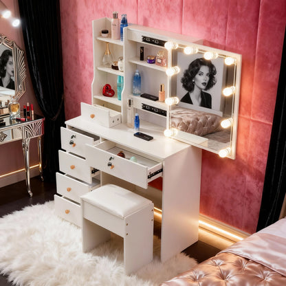 Dressing Table w/ LED Mirror & 6 Drawers White Vanity Dressing Table Stool Set