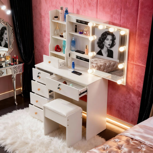 Dressing Table w/ LED Mirror & 6 Drawers White Vanity Dressing Table Stool Set