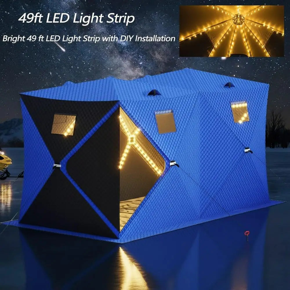 4-8 Person Insulated Ice Fishing Tent with 49ft LED Light, Waterproof, Portable, 3-Layer Shelter, 2 Doors, Anchors, Ropes, and C