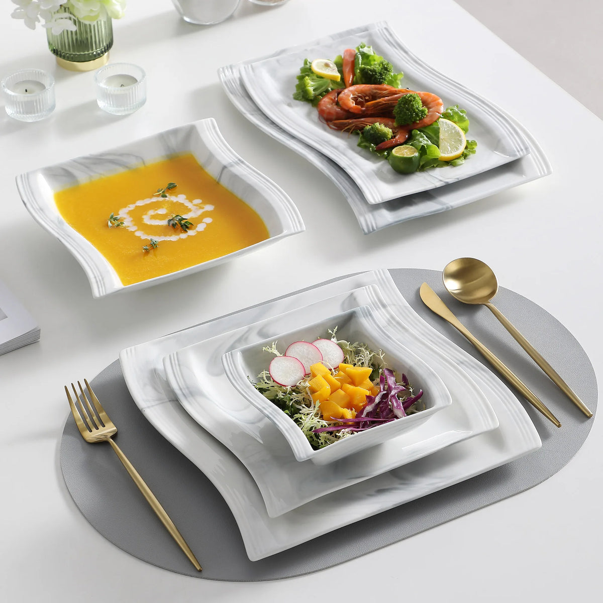 MALACASA FLORA 26-PIECE Nordic European Marble Gray Porcelain Tableware Set with Bowl,Dinner Plate,Dessert&Soup Plate Set for 6