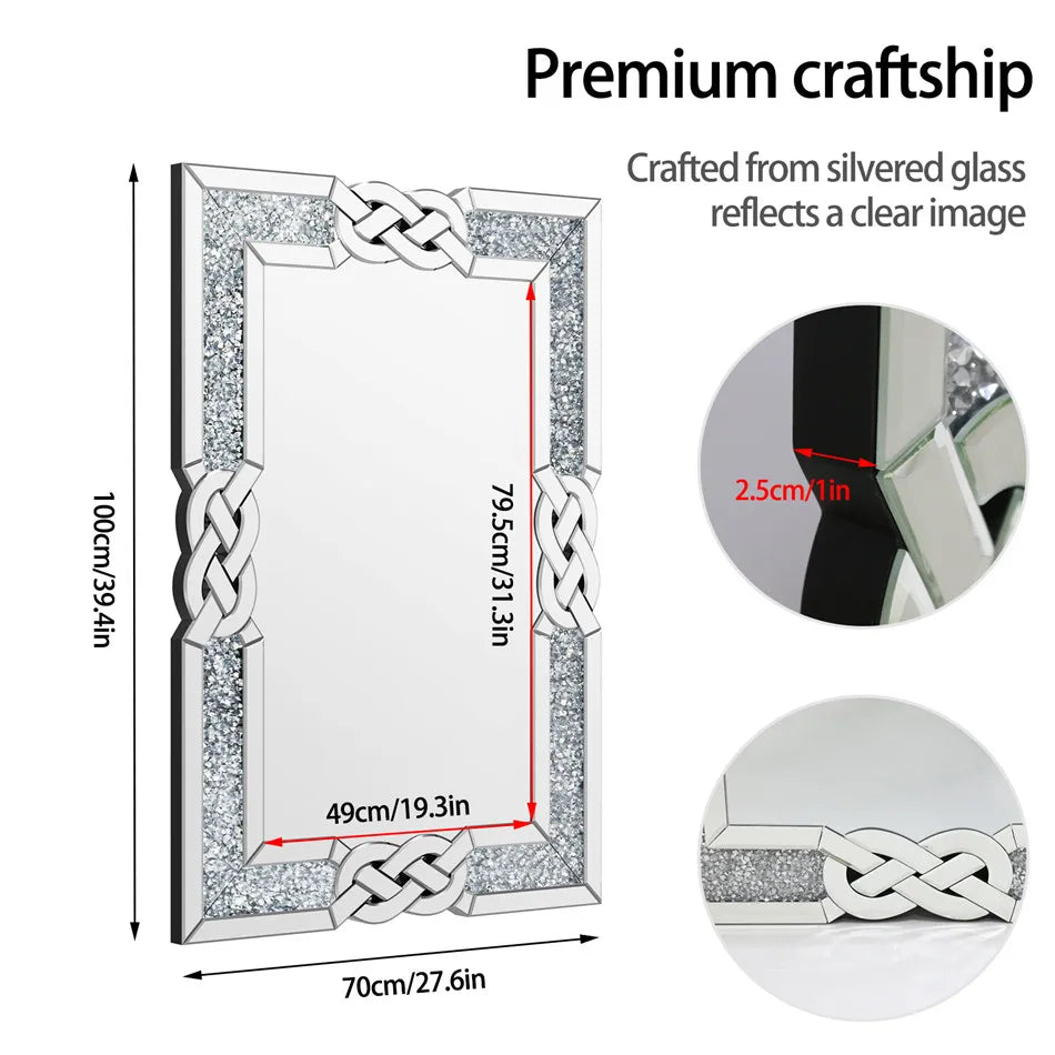 LUVODI Large Full Body Wall Mirror with Crushed Diamond Detailing Artistic Silver Finish for Home Decorative