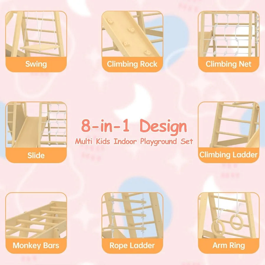 Toddler Jungle Gym 66" Indoor Playground Set with Swing Rock Climb Wall Slide Monkey Bars Wood and Rope Ladder Rope Wall Ladder