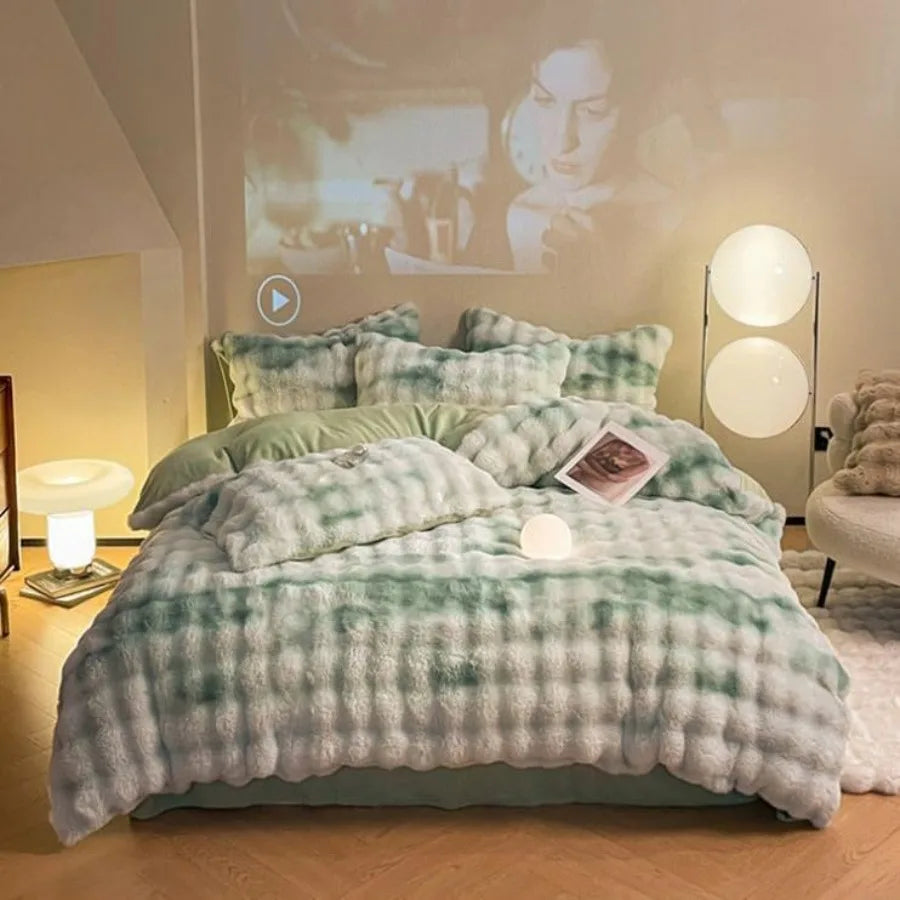 ZYFAB Fluffy Plush Shaggy Bedding Set 4 Pieces Super Soft Winter Reversible Duvet Cover Set Green Full Size Thick Comforter Cov