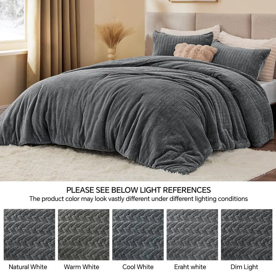 Flannel Fleece Queen Comforter Set Furry Grey Leaves Pattern Faux Fur Bed Set, Winter Ultra Soft Fuzzy Comfort Set, Velvet Beddi