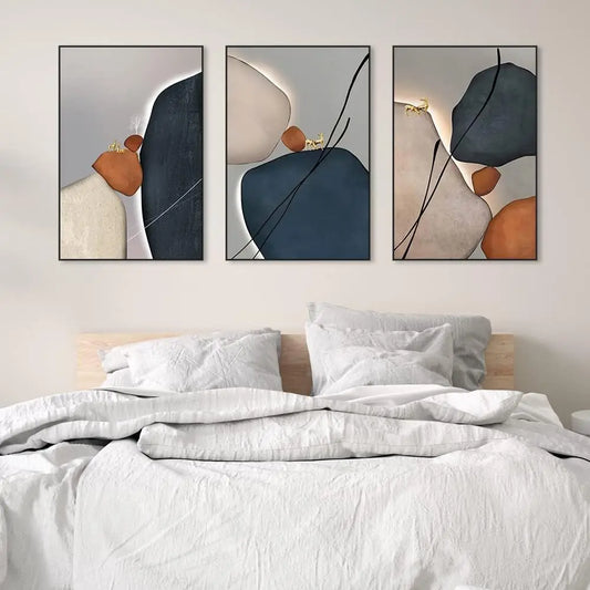 3-Panel Abstract Canvas Wall Art, 24x32 Inch Framed Paintings in Orange White Blue Color Blocks for Modern Home Decor