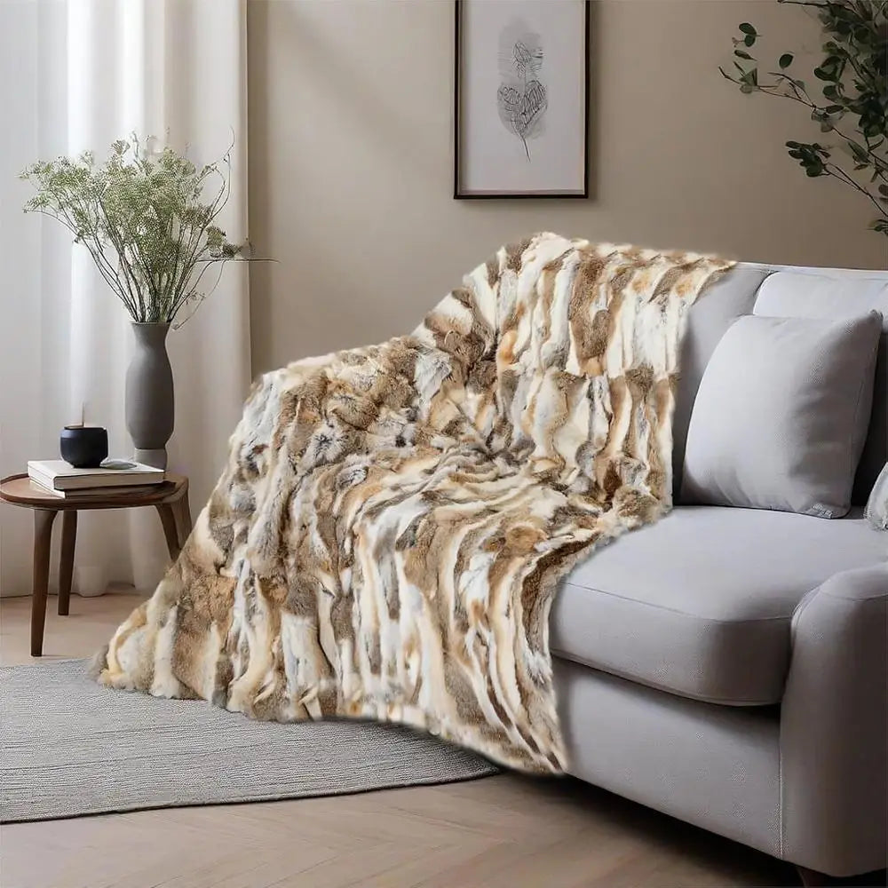 Luxury Fur Throw Blanket - Ultra Soft Fluffy Rabbit Hide Skin Fur Comforter Plush Cozy Blanket for Couch, Bed & Sofa, Thick Warm