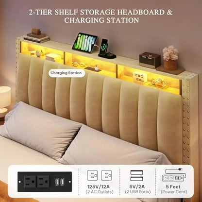 LED Full-KING Size Bed Frame with 4 Storage Drawers, Velvet Upholstered Platform Bed & Charging Station and Storage Headboard