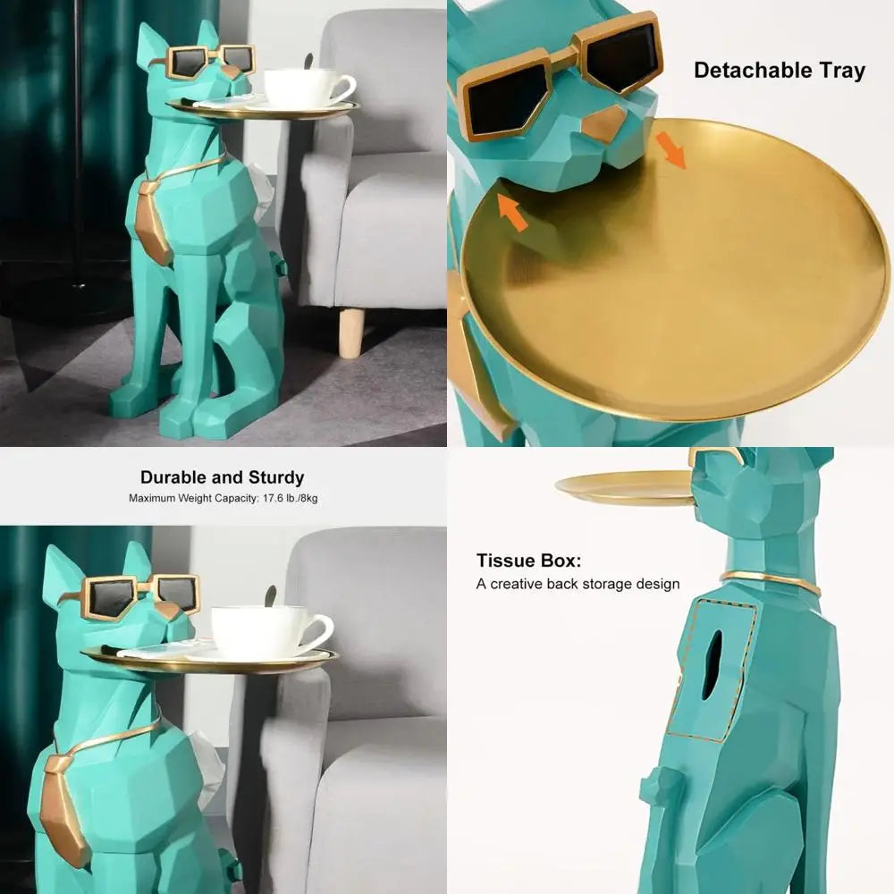 Resin Dog Sculpture Modern Geometric Standing Statue with Tissue Storage, Cute Side End Table Tray (Green)