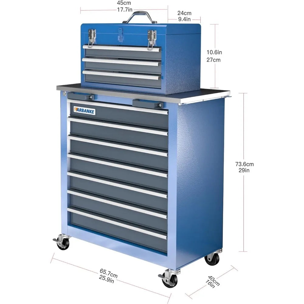 10-Drawer Mobile Tool Chest with Stackable 3-Drawer Cabinet and 7-Drawer Storage