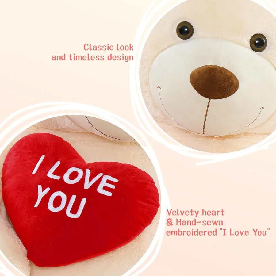 6ft Red Heart Giant Teddy Bear Stuffed Animal with Embroidered I Love You for Girlfriend Christmas Birthday Gift White Huge Val