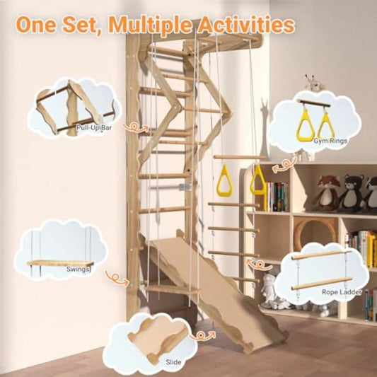 5in1 Wooden Indoor Jungle Gym for WallMounted Swedish Ladder with PullUp Bar Rings Swing and Slide MontessoriInspired Playset f