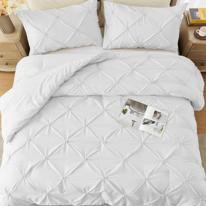 Queen Comforter Set White Ultra Soft Boho Pintuck Down Alternative Bedding Set for Winter, All Seasons, 3 Pieces Lightweight War