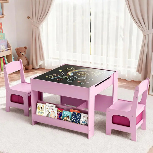 Kids Table and Chairs Set, 4 in 1 Toddler Art Desk with Storage Der, Wooden Activity Deskboard, Blackboard, Reversible & Detacha